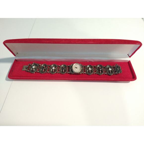 Antique Women`s Wrist Watch Bergland Filigree Sterling Silver Pearls Garnets - Picture 6 of 16